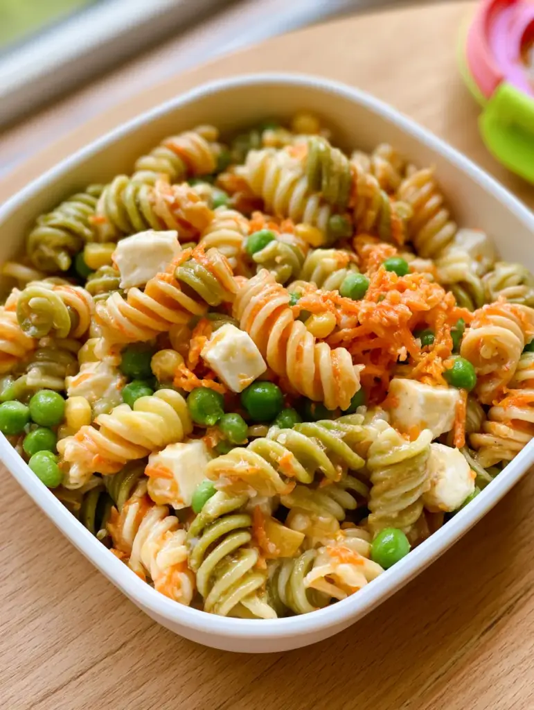 Top-down view of kids pasta salad in a bento box showing shredded carrots and tiny mozzarella cubes.