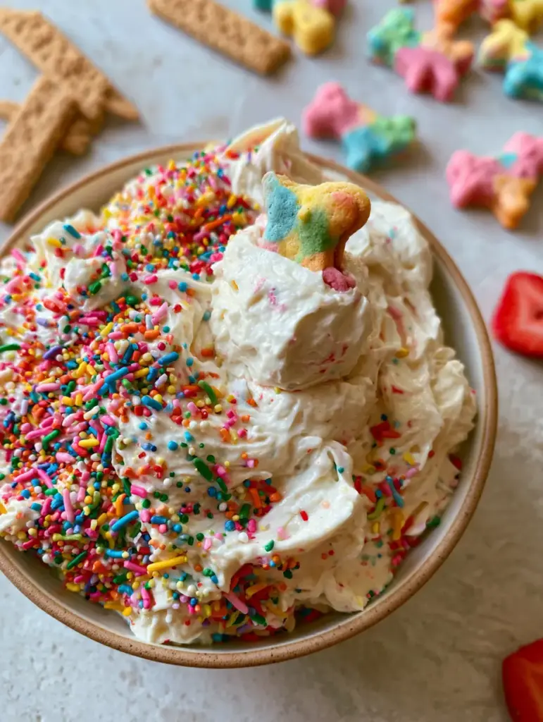 Funfetti Dip: The Ultimate Creamy Cake Batter Party Appetizer 1 Close-up of fluffy peaks in a bowl of Funfetti dip showing the creamy texture and multi-colored nonpareils on a stone surface.