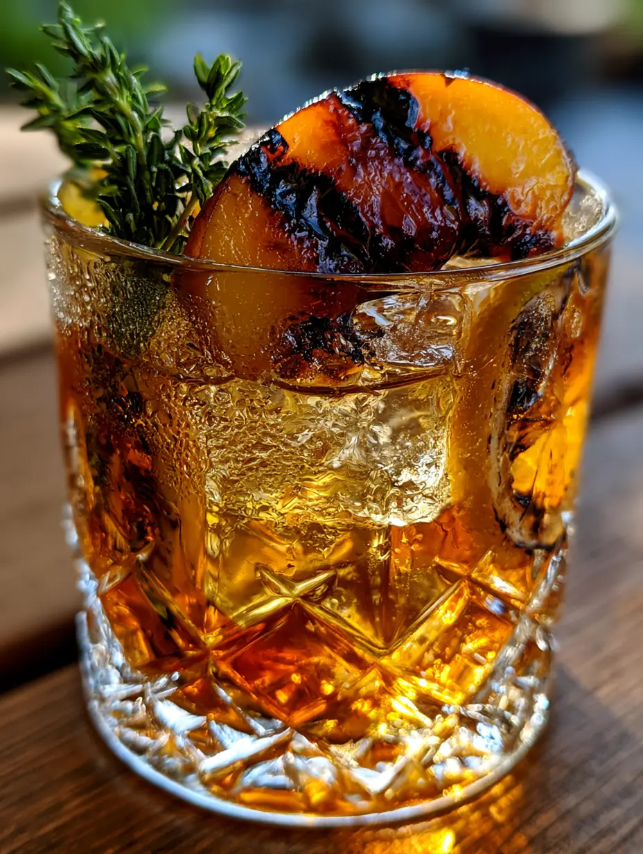 Grilled Peach Bourbon Lemonade: The Ultimate Smoky Summer Cocktail 3 Close-up of Grilled Peach Bourbon Lemonade with heavy condensation, clear ice, and charred peach nectar. (Grilled Peach Bourbon Lemonade)
