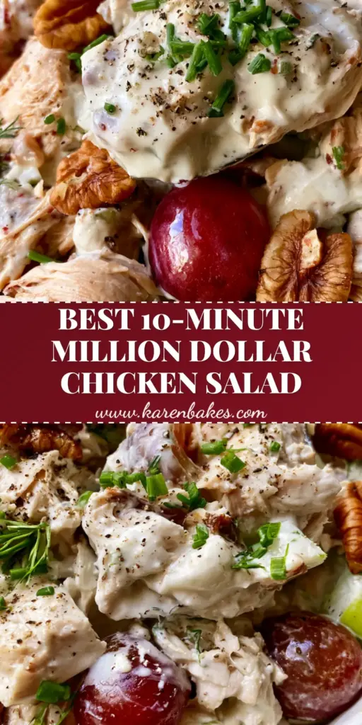 Million Dollar Chicken Salad Recipe with Rotisserie Chicken and Pecans 4 A premium million dollar chicken salad recipe served in a white bowl with grapes, pecans, and fresh herbs.