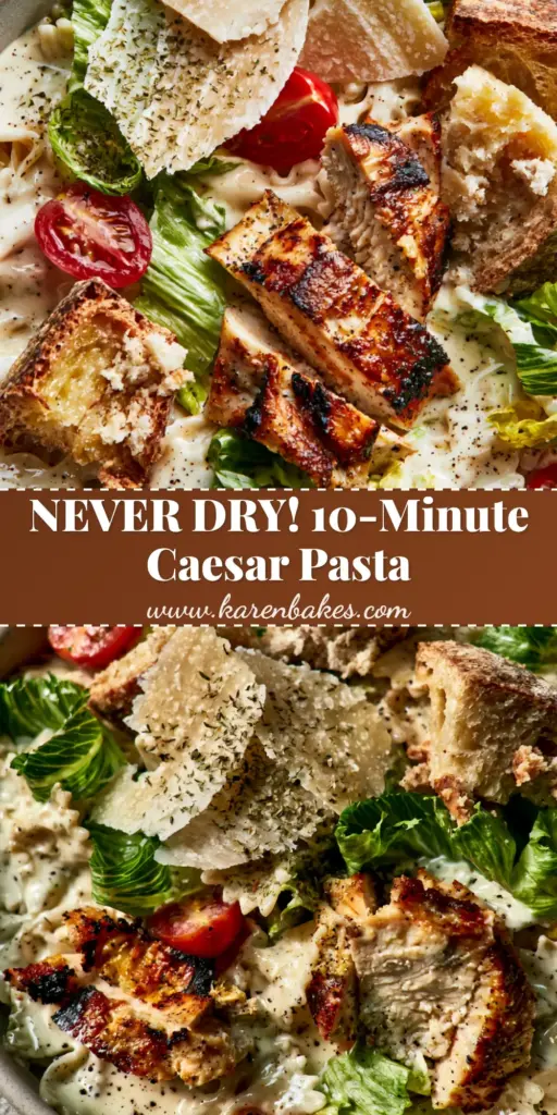 Caesar pasta salad with Golden Seared Chicken and Sourdough Croutons 4 A top-down view of a gourmet Caesar pasta salad featuring bowtie pasta, seared chicken, and sourdough croutons in a matte bowl.