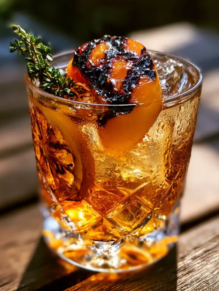 Grilled Peach Bourbon Lemonade: The Ultimate Smoky Summer Cocktail 1 Extreme close-up of amber bourbon lemonade in a heavy crystal glass with grilled lemon and thyme sprig. (Grilled Peach Bourbon Lemonade)