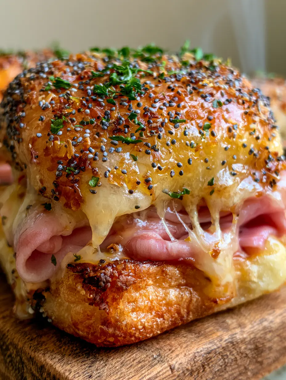 Hot Roll Sandwiches with Honey Ham and Melted Swiss Cheese 3 Macro close-up of hot roll sandwiches showing the crispy golden-brown bottom edge and melted cheese ribbons. (hot roll sandwiches)