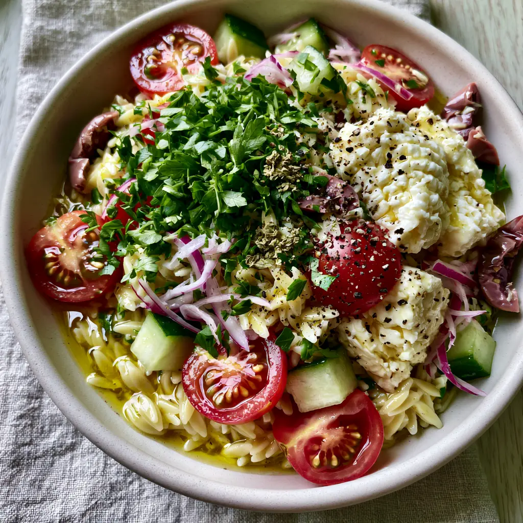 Summer orzo pasta salad with Lemon Herb Vinaigrette 1 Close up view of Summer orzo pasta salad showing the texture of feta and the moist sheen of lemon herb vinaigrette.
