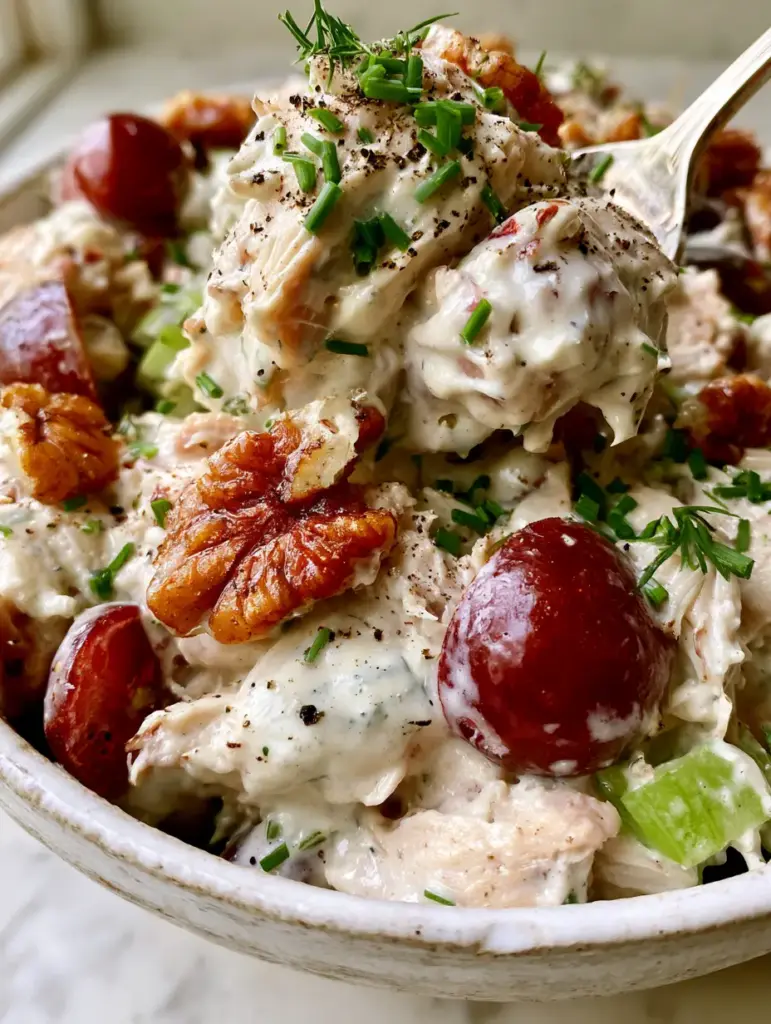 Million Dollar Chicken Salad Recipe with Rotisserie Chicken and Pecans 2 Extreme macro close-up of a million dollar chicken salad recipe showing creamy texture, red grapes, and pecans.