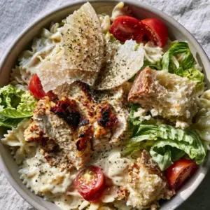 Close-up of Caesar pasta salad in a ceramic bowl showing glossy ivory dressing, black pepper specks, and charred chicken edges.