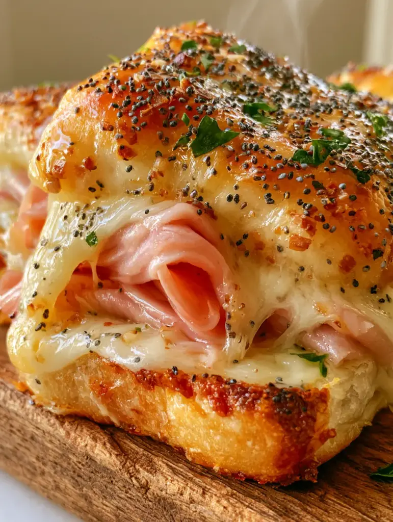 Hot Roll Sandwiches with Honey Ham and Melted Swiss Cheese 1 Extreme close-up of a honey ham and Swiss cheese slider with a wisp of steam and fresh parsley garnish. (hot roll sandwiches)