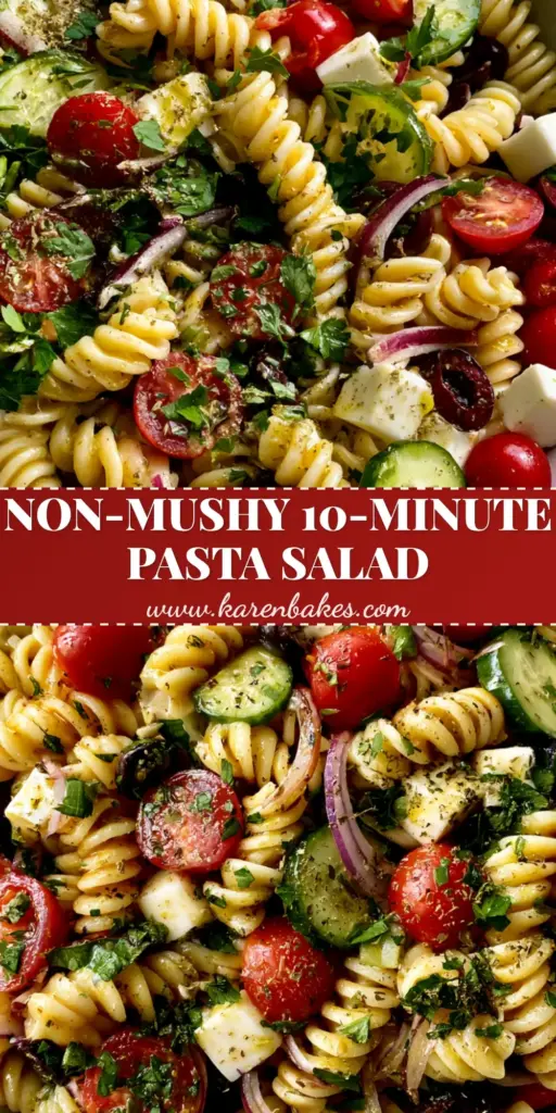 A top-down view of a vibrant Italian pasta salad in a white bowl, showing al dente rotini, bright cherry tomatoes, and fresh mozzarella cubes.