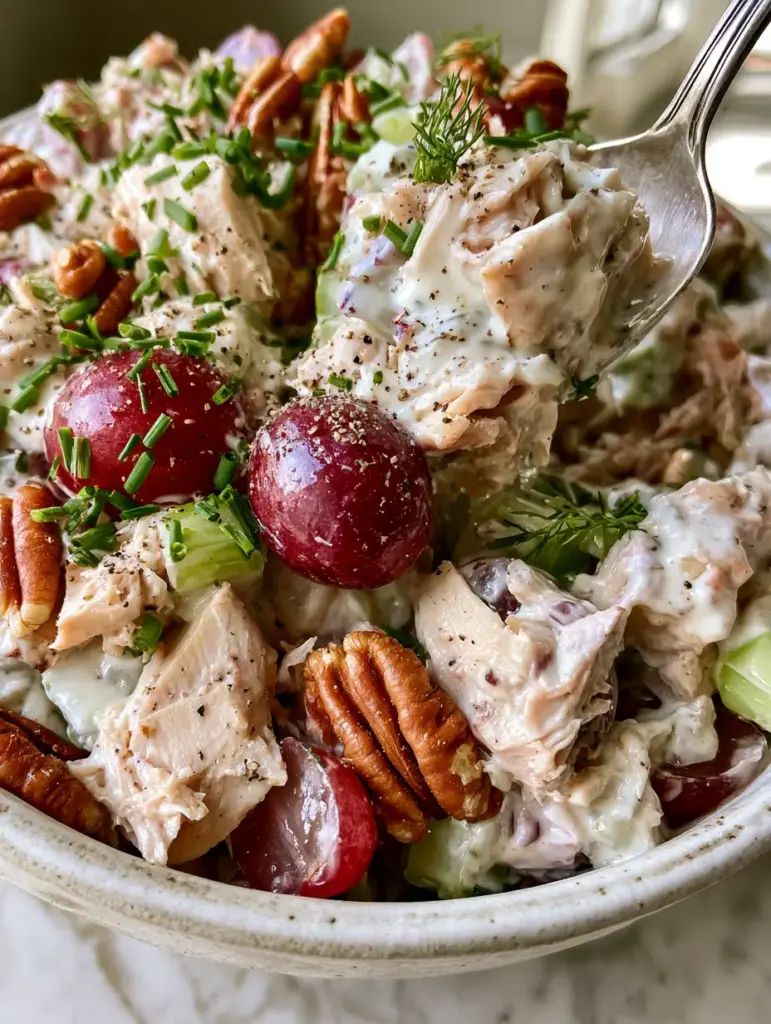 Million Dollar Chicken Salad Recipe with Rotisserie Chicken and Pecans 1 A silver spoon scooping a perfect bite of the million dollar chicken salad recipe from a rustic bowl.