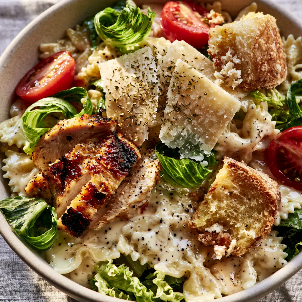 Caesar pasta salad with Golden Seared Chicken and Sourdough Croutons 1 Detailed shot of sourdough croutons, shaved parmesan, and romaine ribbons atop a creamy Caesar pasta salad.