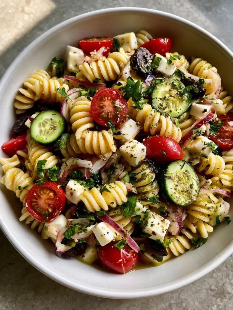 A clean, appetizing presentation of Italian pasta salad featuring uniform mozzarella cubes and paper-thin red onion slivers.