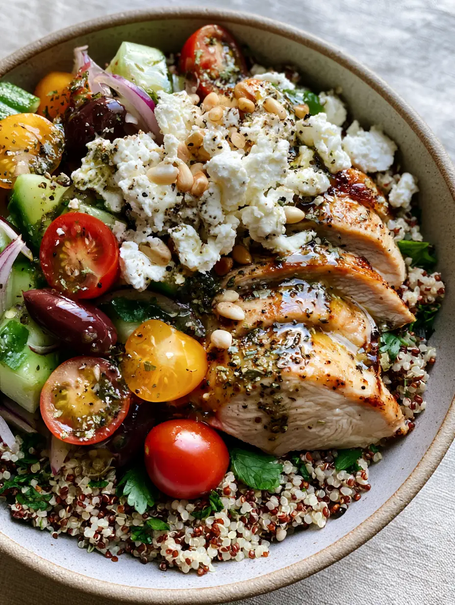 Detailed shot of fluffy red and white quinoa pearls topped with succulent golden-seared chicken breast. (Chicken and Quinoa Salad)