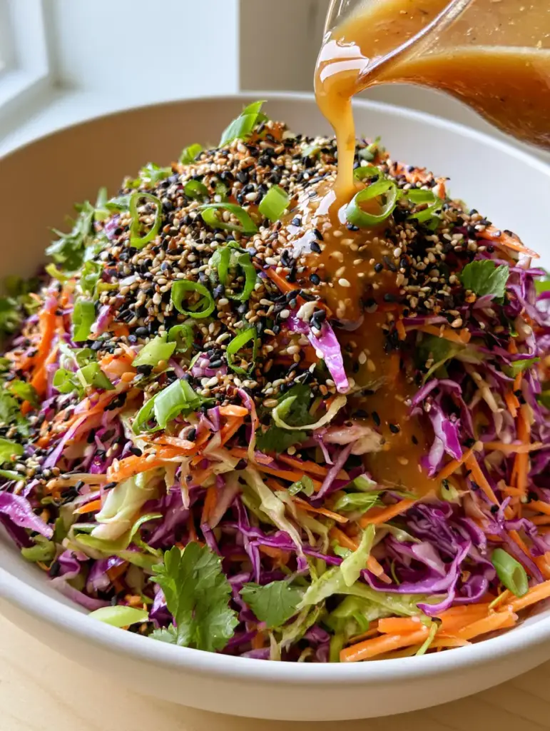 Asian Coleslaw Recipe with Glossy Ginger-Sesame Dressing 1 A close-up of vibrant Asian coleslaw in a white bowl topped with black and white sesame seeds and fresh cilantro.
