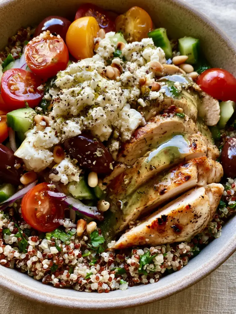 Close up of Mediterranean toppings including Kalamata olives, feta, and heirloom cherry tomatoes on a Chicken and Quinoa Salad.