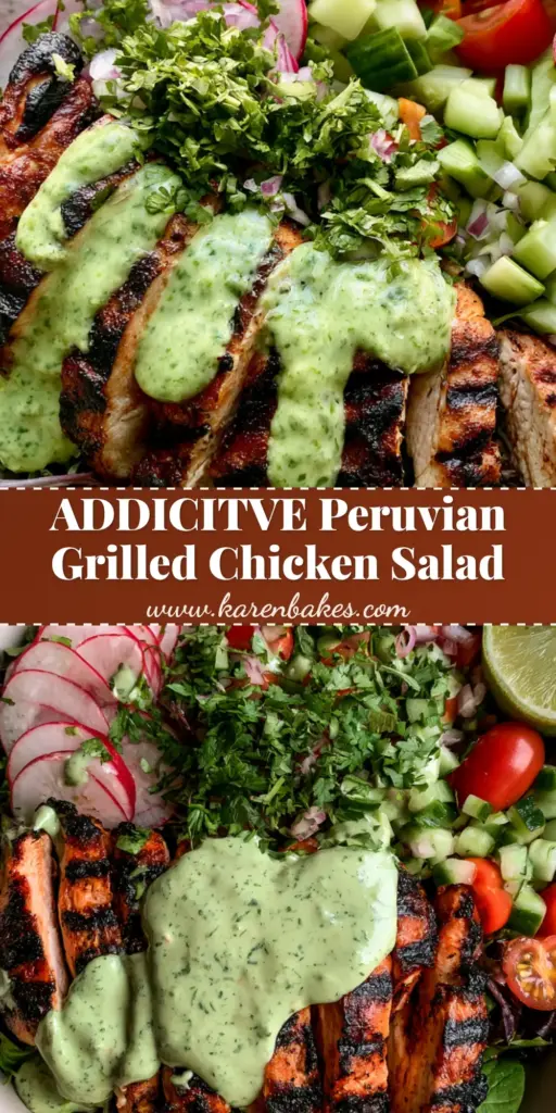Peruvian Grilled Chicken Salad with Creamy Aji Verde Dressing 3 Overhead view of a Peruvian Grilled Chicken Salad in a white bowl with charred chicken slices and green Aji Verde sauce.