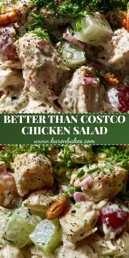 Creamy Chicken Salad with Greek Yogurt, Grapes, and Toasted Pecans 3 A rustic white bowl filled with creamy chicken salad featuring shredded chicken, red grapes, and toasted pecans. (creamy chicken salad)