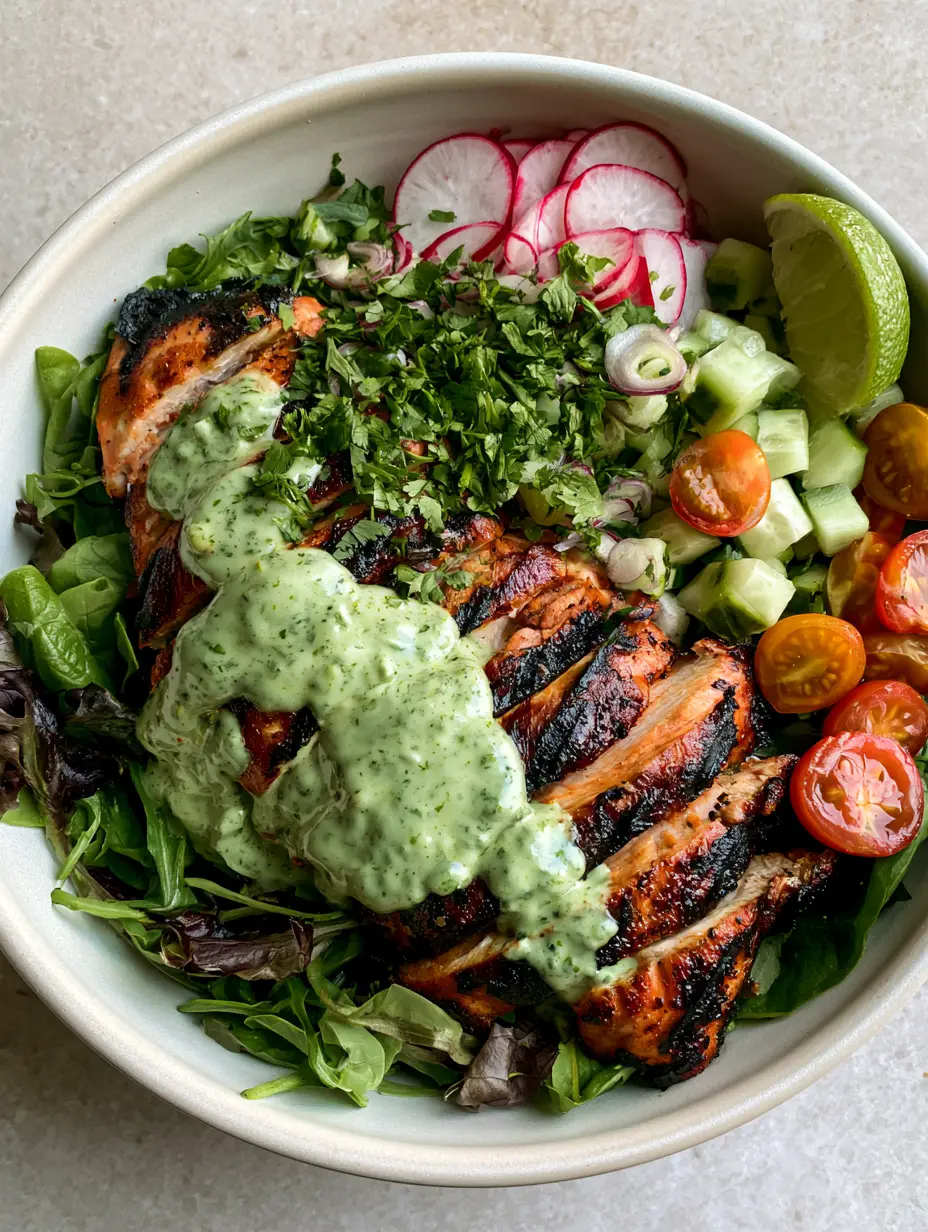 Peruvian Grilled Chicken Salad with Creamy Aji Verde Dressing 4 Close-up of charred chicken breast with dark grill marks over a bed of spring mix and spinach. (Peruvian Grilled Chicken Salad)