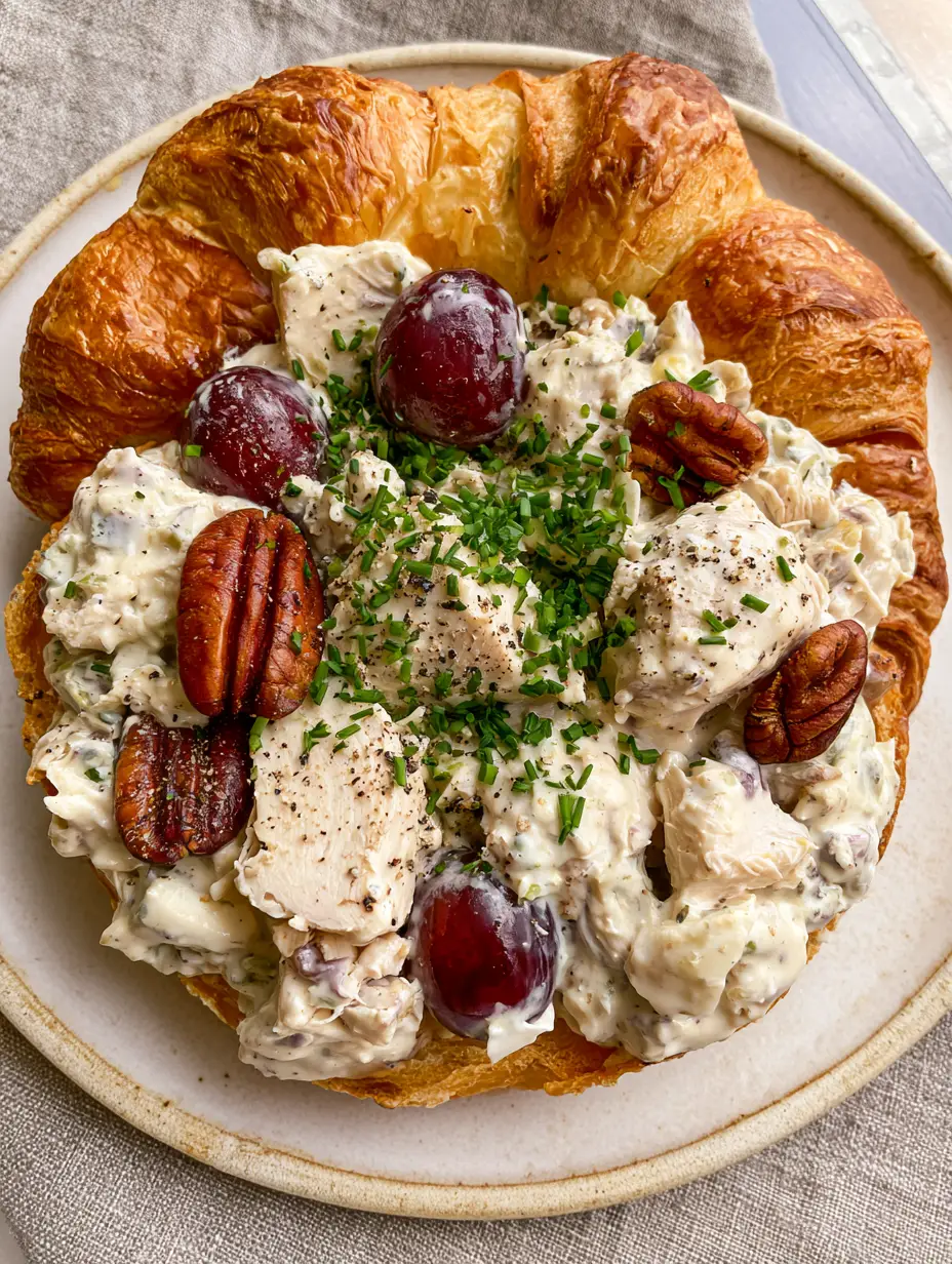 Top-down macro photo of creamy Southern Style Chicken Salad with visible grapes, pecans, and chives.