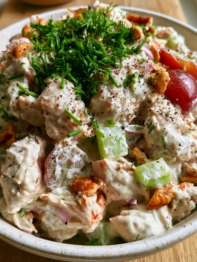 Creamy Chicken Salad with Greek Yogurt, Grapes, and Toasted Pecans 2 Extreme macro close-up showing the velvety texture of Greek yogurt dressing on shredded chicken with fresh dill and cracked pepper. (creamy chicken salad)