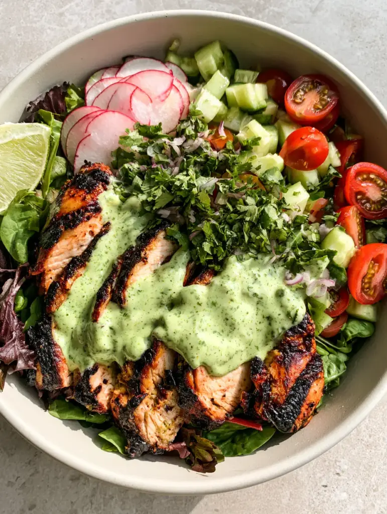 Peruvian Grilled Chicken Salad with Creamy Aji Verde Dressing 1 Handheld photo showing a thick drizzle of pale-green Aji Verde sauce over sliced chicken and radishes.