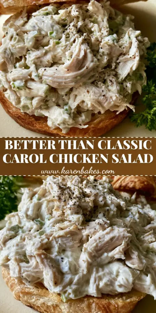 A mound of ultra-creamy, finely shredded classic carol chicken salad served on a thick, buttery toasted croissant on a matte cream plate.