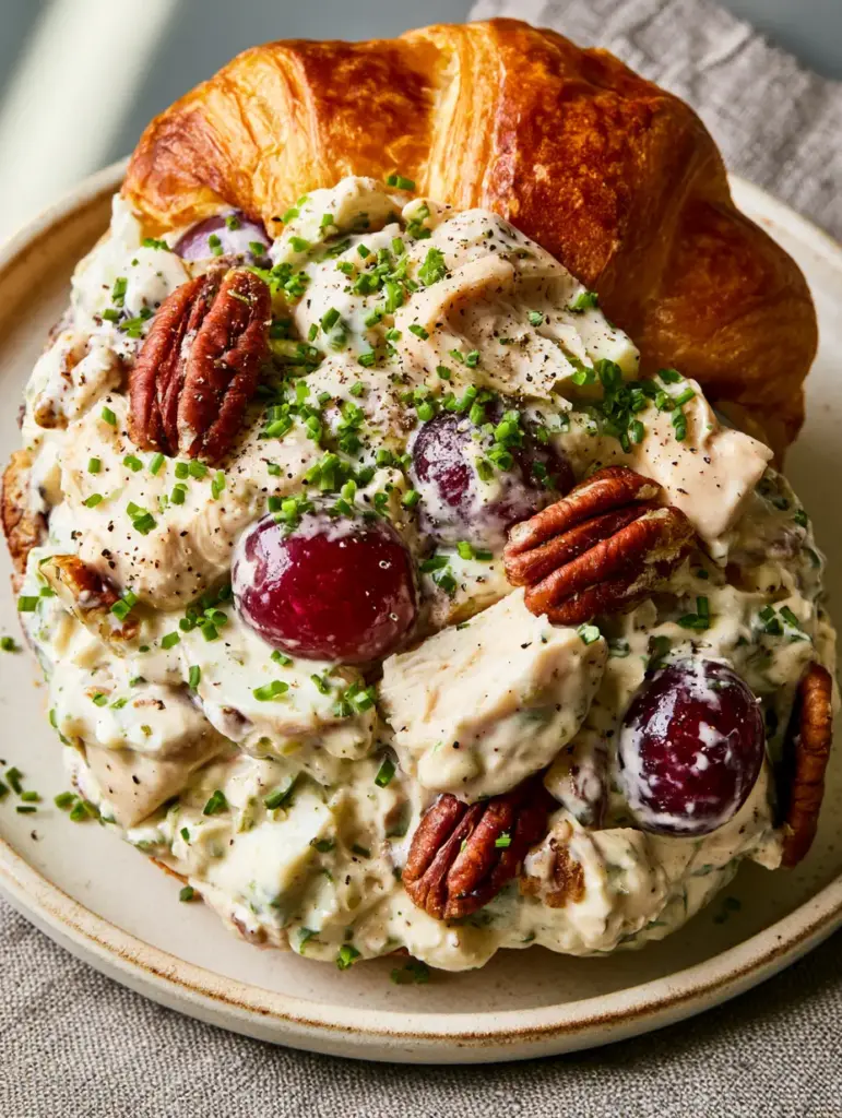 Macro view of Southern Style Chicken Salad showing coarse black pepper and fresh chives garnish.
