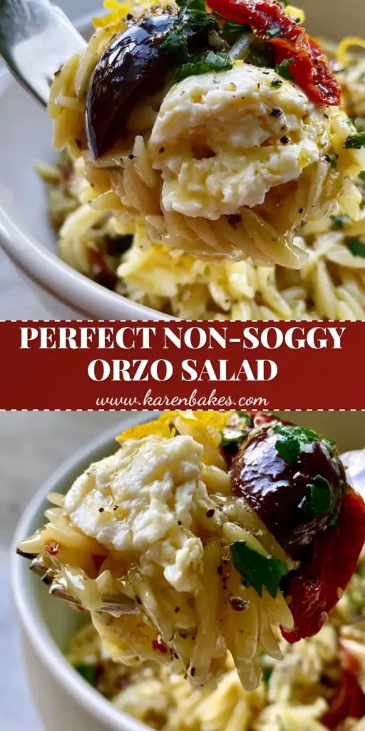 Orzo Salad with Glistening Lemon-Herb Vinaigrette and Creamy Feta 4 A silver fork lifting a glossy bite of Mediterranean orzo salad with feta and olives. (orzo salad)
