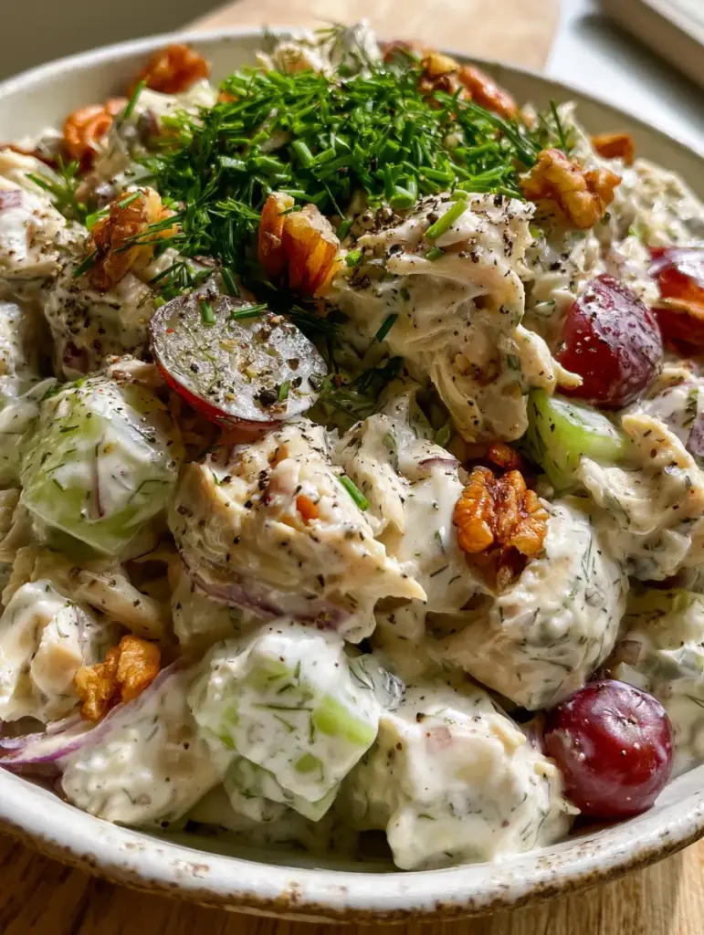Creamy Chicken Salad with Greek Yogurt, Grapes, and Toasted Pecans 1 Close-up of creamy chicken salad in a white bowl showing translucent celery cubes and red onion slivers under natural side-lighting. (creamy chicken salad)