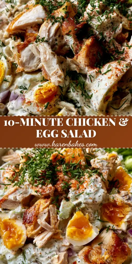 Chicken and Egg Salad with Creamy Greek Yogurt and Jammy Yolks 5 A top-down view of chicken and egg salad garnished with fresh dill and chives in a rustic white bowl. (chicken and egg salad)