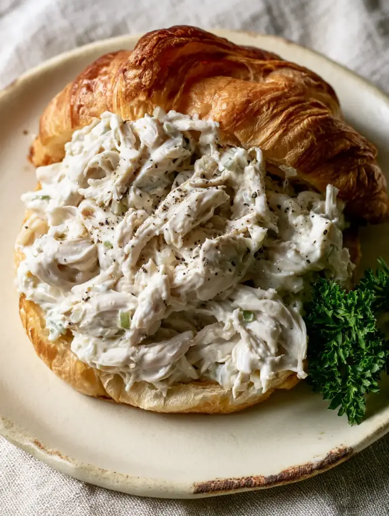 Finely shredded chicken salad with minced celery specks on a golden brown toasted croissant.