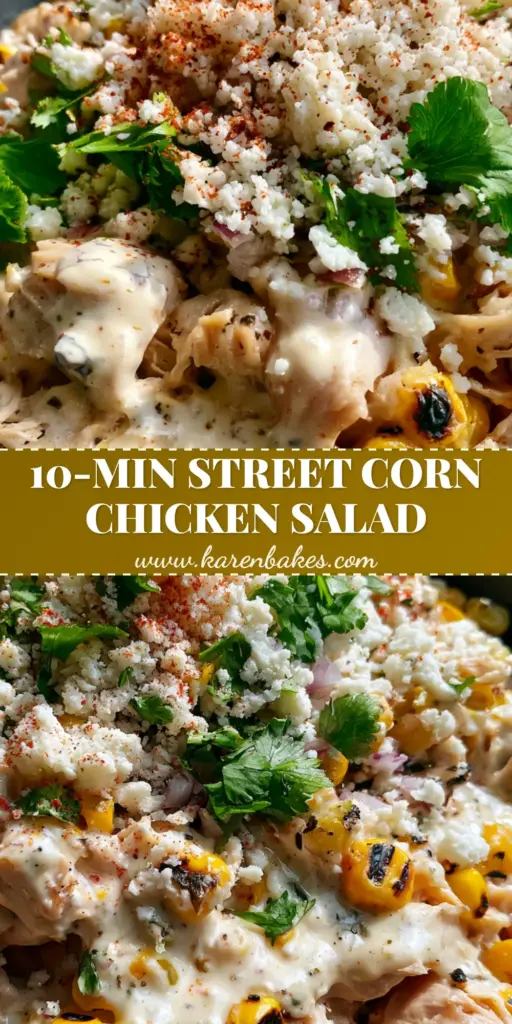 High Protein Chicken Street Corn Salad (Zesty Elote Style) 4 A top-down macro shot of High protein chicken street corn salad in a charcoal bowl, showing charred corn, glossy lime crema, cotija cheese, and Tajin dusting.