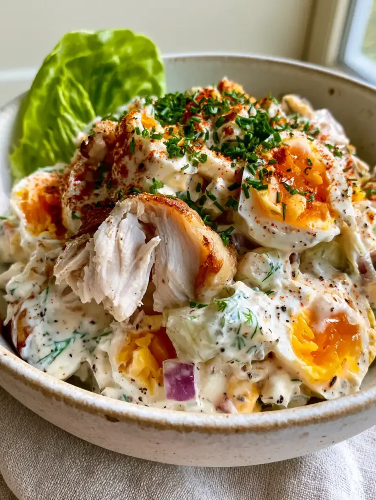 Chicken and Egg Salad with Creamy Greek Yogurt and Jammy Yolks 2 Close-up of shredded rotisserie chicken with golden skin and jammy orange egg yolks in a creamy yogurt dressing. (chicken and egg salad)