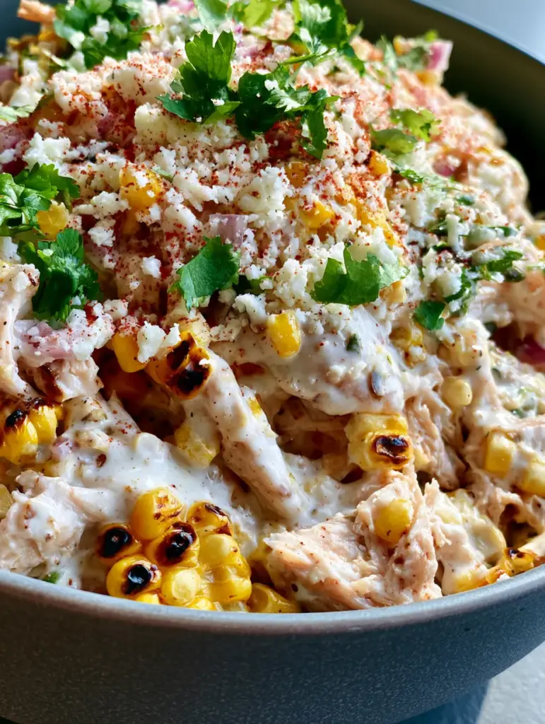 High Protein Chicken Street Corn Salad (Zesty Elote Style) 2 Close-up of shredded rotisserie chicken and charred corn kernels coated in zesty lime crema. (High protein chicken street corn salad)