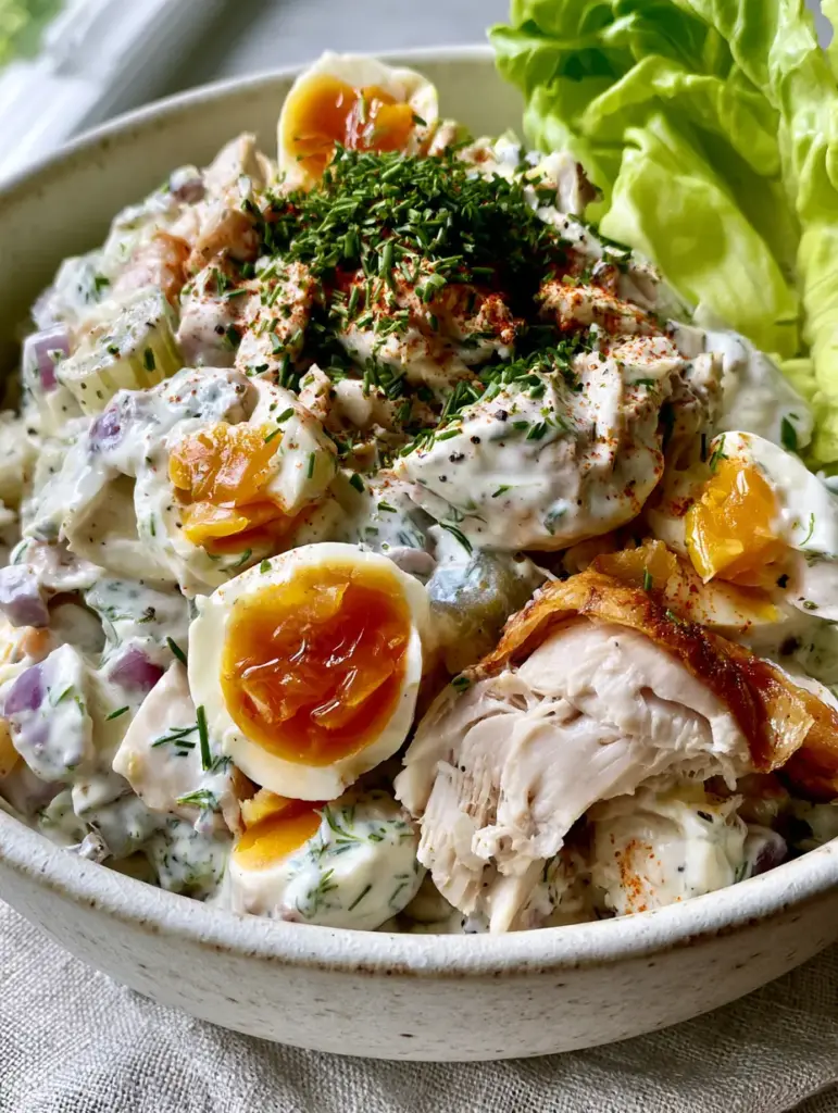 Chicken and Egg Salad with Creamy Greek Yogurt and Jammy Yolks 1 A rustic white bowl filled with chicken and egg salad showing specks of cracked black pepper and red onion.