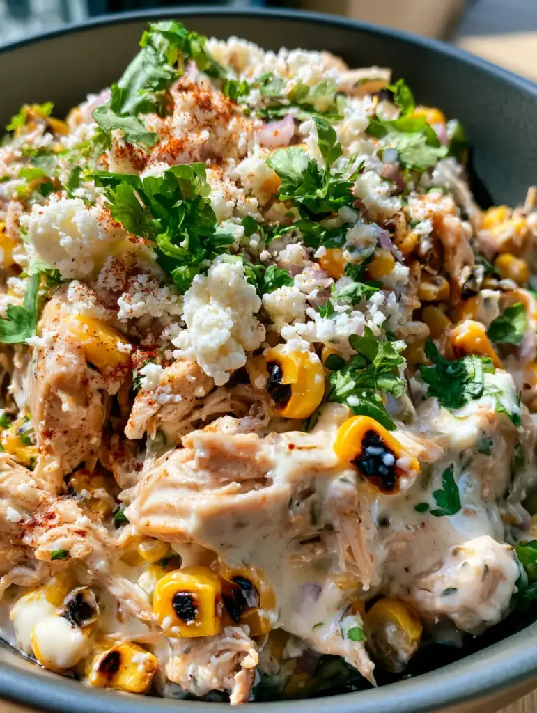 High Protein Chicken Street Corn Salad (Zesty Elote Style) 1 Extreme macro view of cotija cheese crumbles and red Tajin seasoning on top of chicken street corn salad. (High protein chicken street corn salad)