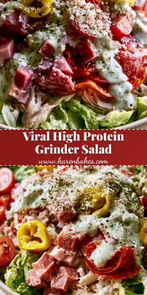 Italian Grinder Chicken Salad: The Ultimate Zesty High-Protein Bowl 4 A close-up of a vibrant Italian Grinder Chicken Salad with shredded chicken, salami, pepperoni, and banana peppers in a matte bowl.