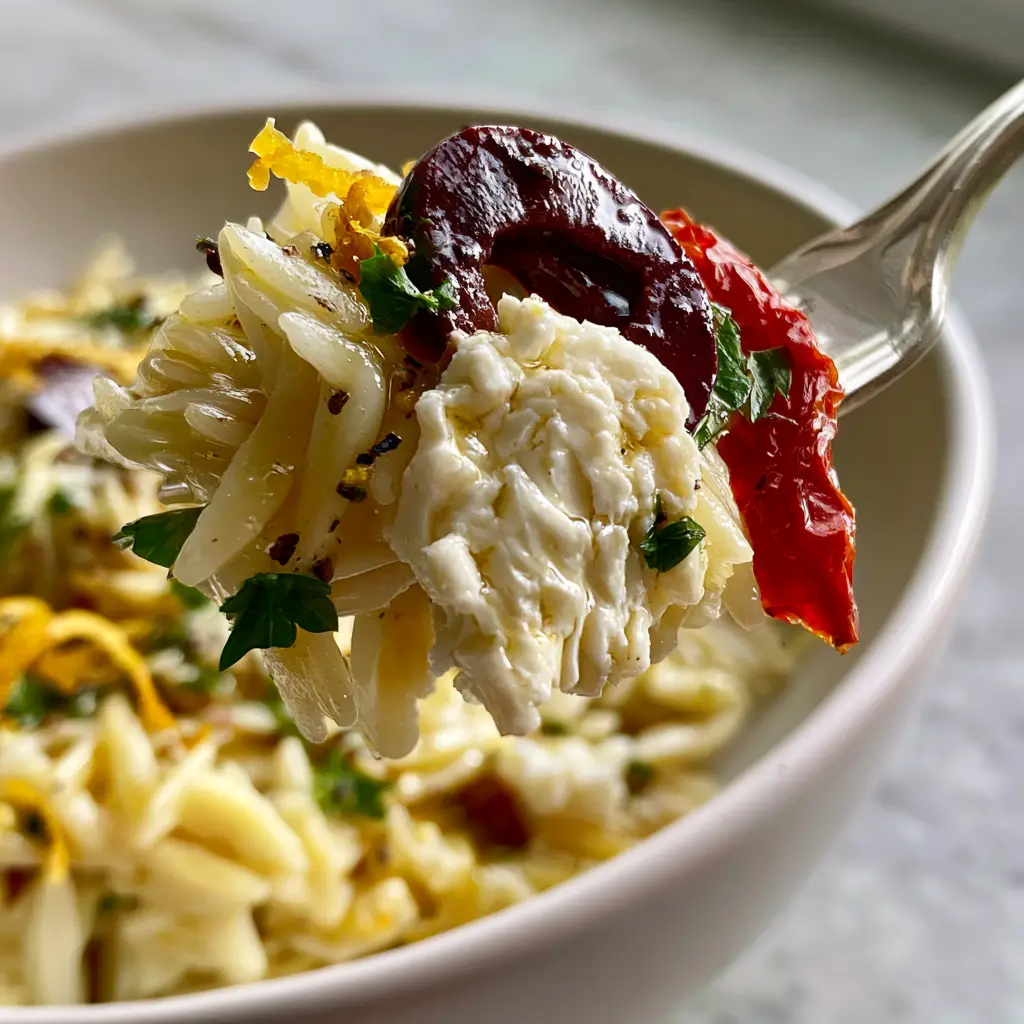 Orzo Salad with Glistening Lemon-Herb Vinaigrette and Creamy Feta 2 Macro close-up of a fork lifting orzo salad with sun-dried tomatoes and feta. (orzo salad)