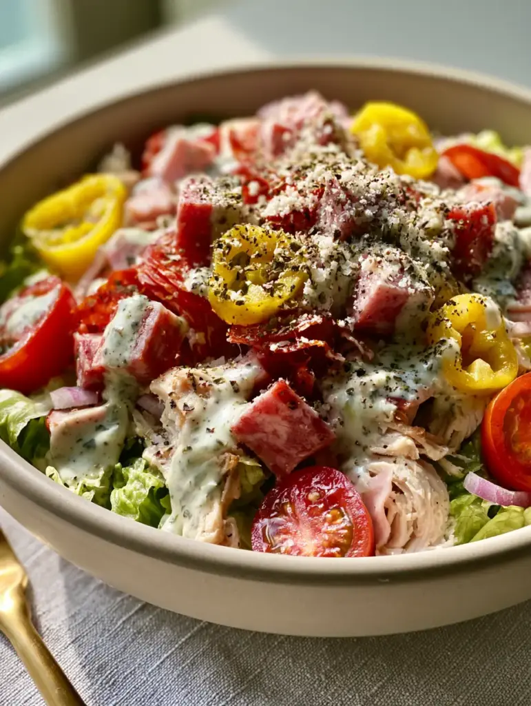 Italian Grinder Chicken Salad: The Ultimate Zesty High-Protein Bowl 2 Italian Grinder Chicken Salad featuring glossy herb dressing, cured meats, and fresh cherry tomatoes in a ceramic bowl.