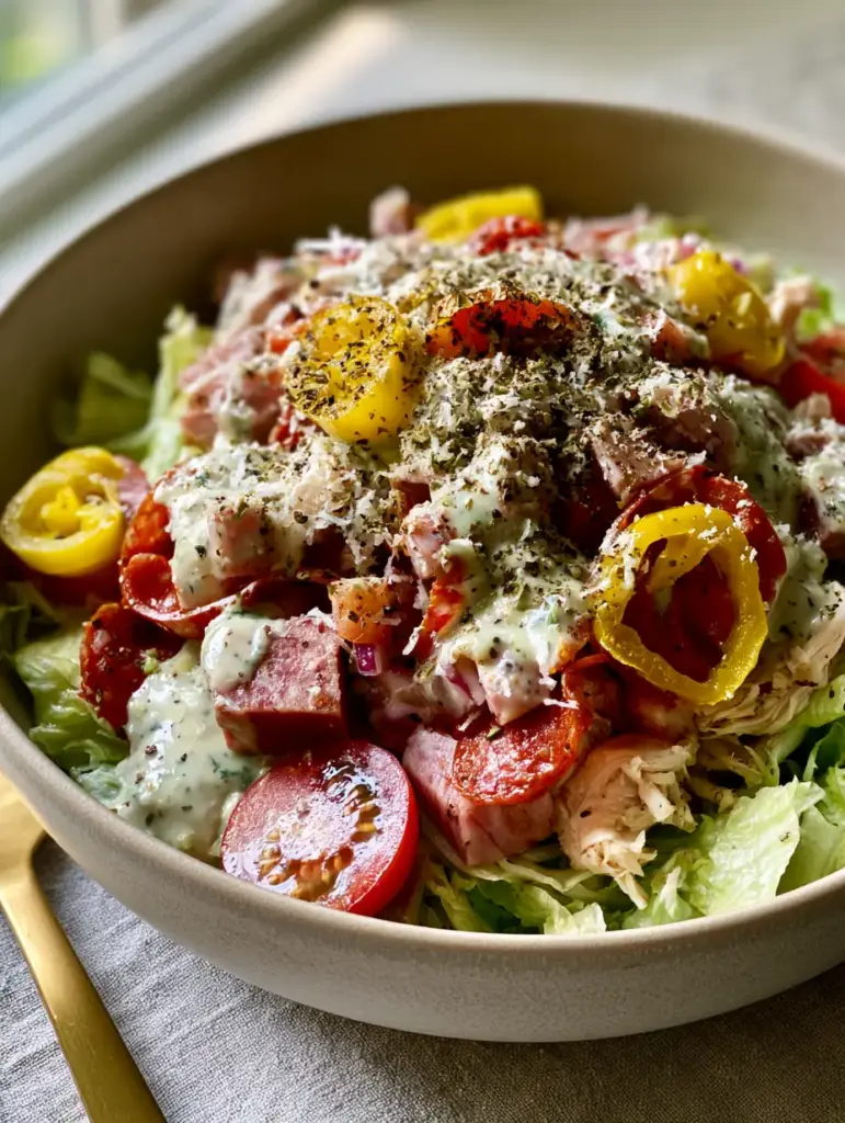 Italian Grinder Chicken Salad: The Ultimate Zesty High-Protein Bowl 1 A top-down view of the Italian Grinder Chicken Salad highlighting the textures of diced tavern ham and shredded parmesan.