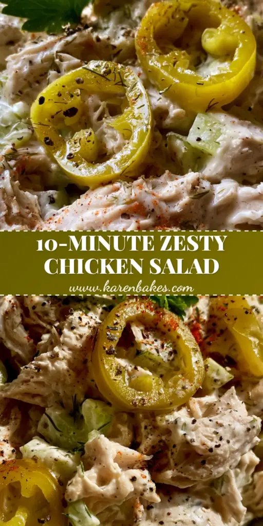 Creamy Pepperoncini Chicken Salad with Zesty Greek Yogurt Dressing 4 Top-down view of Creamy Pepperoncini Chicken Salad in a matte stoneware bowl, garnished with parsley and smoked paprika.