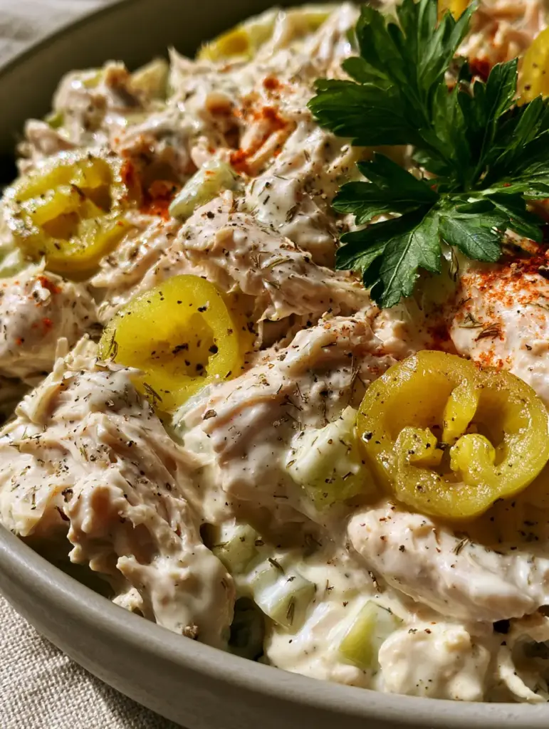 Creamy Pepperoncini Chicken Salad with Zesty Greek Yogurt Dressing 1 Close-up of the glossy Greek yogurt dressing with specks of dried dill and black pepper in Creamy Pepperoncini Chicken Salad.
