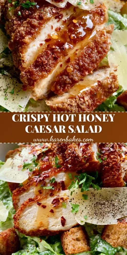 Hot Honey Crispy Chicken Caesar Salad: The Ultimate Sweet and Spicy Mashup 4 A gourmet Hot Honey Crispy Chicken Caesar Salad in a matte white bowl with glistening amber chicken and sourdough croutons.