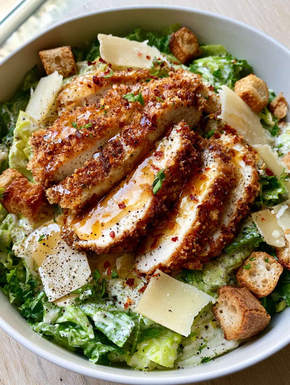 Hot Honey Crispy Chicken Caesar Salad: The Ultimate Sweet and Spicy Mashup 3 Close up view of sliced air-fried chicken drenched in hot honey glaze on top of a hot honey crispy chicken caesar salad.