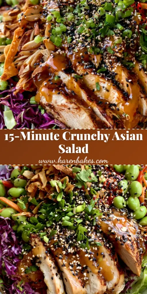 Crunchy Asian Chicken Salad with Ginger Sesame Dressing 3 A vibrant Crunchy Asian chicken salad in a wide matte ceramic bowl featuring charred chicken breast, shredded purple cabbage, edamame, and crispy wontons.