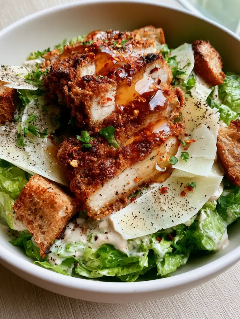 Hot Honey Crispy Chicken Caesar Salad: The Ultimate Sweet and Spicy Mashup 1 Overhead view of a Hot Honey Crispy Chicken Caesar Salad with wide shaved parmesan and fresh parsley.