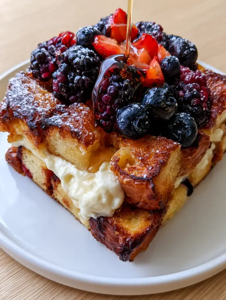Easter Sunday Recipe: The Ultimate Berries and Cream Brioche French Toast Bake 2 Close up of golden brown toasted brioche with a thick layer of white cream cheese. (Easter Sunday recipe)