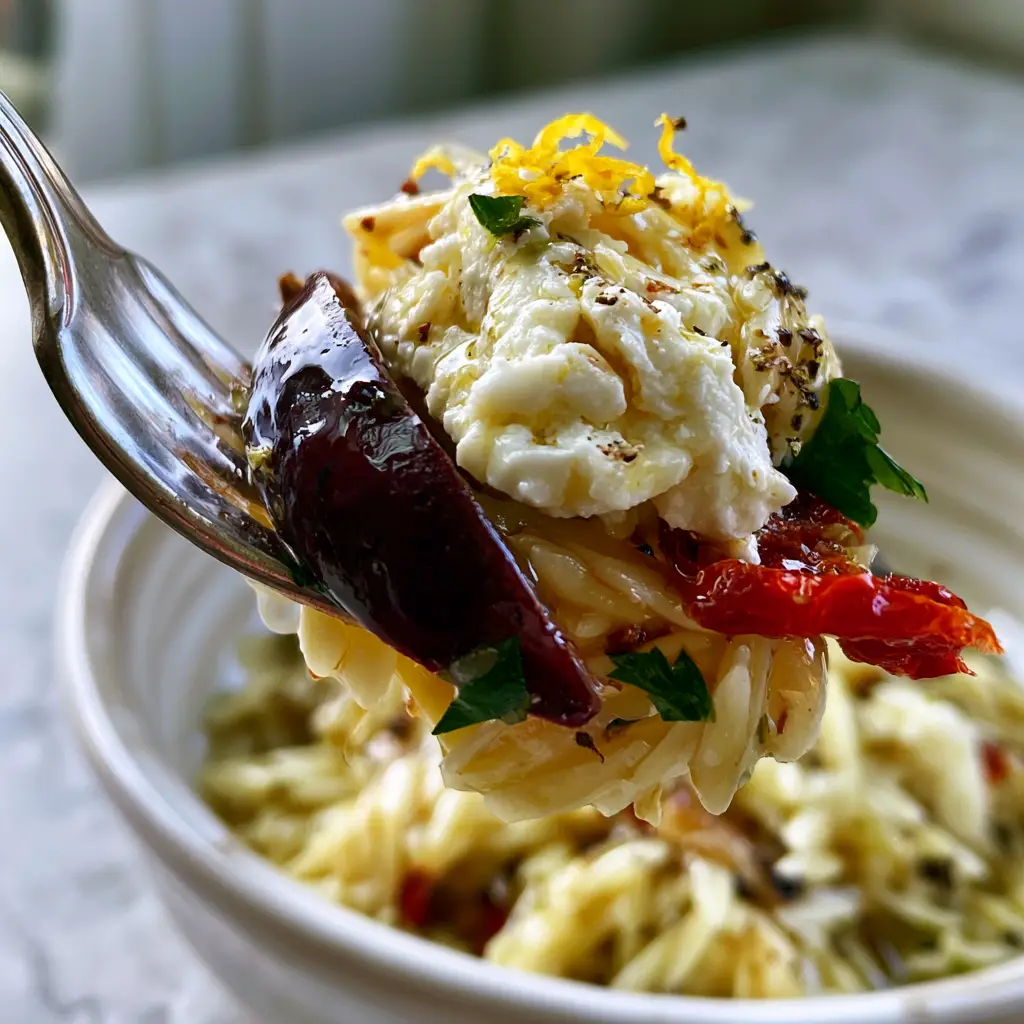 Orzo Salad with Glistening Lemon-Herb Vinaigrette and Creamy Feta 1 Orzo salad in a ceramic bowl with bright lemon zest curls and parsley.