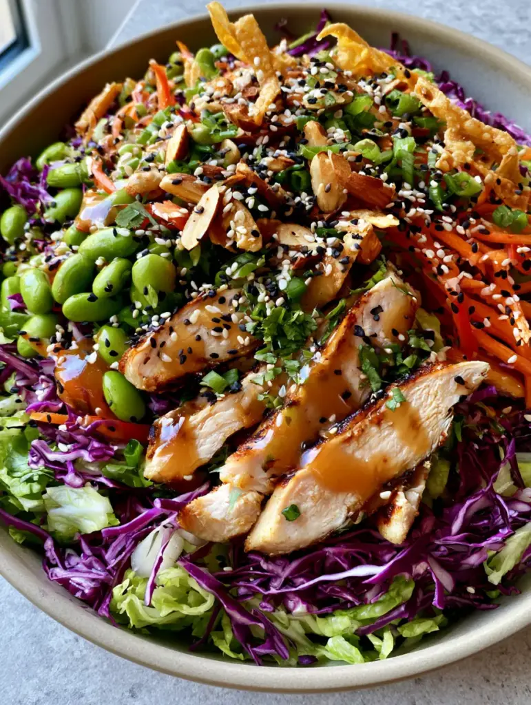 Crunchy Asian Chicken Salad with Ginger Sesame Dressing 1 Close-up of glossy sesame ginger dressing drizzled over charred chicken strips and shredded Napa cabbage in a Crunchy Asian chicken salad.