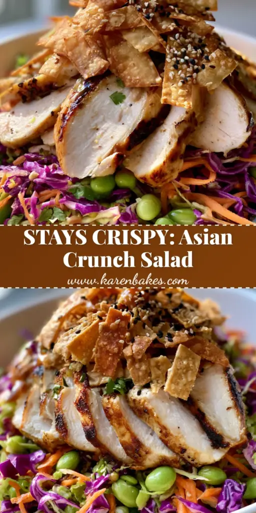 Asian Chicken Crunch Salad with Thick Sesame Ginger Dressing 4 A vibrant Asian chicken crunch salad in a white bowl with seared chicken and golden wonton strips. (asian chicken crunch salad)