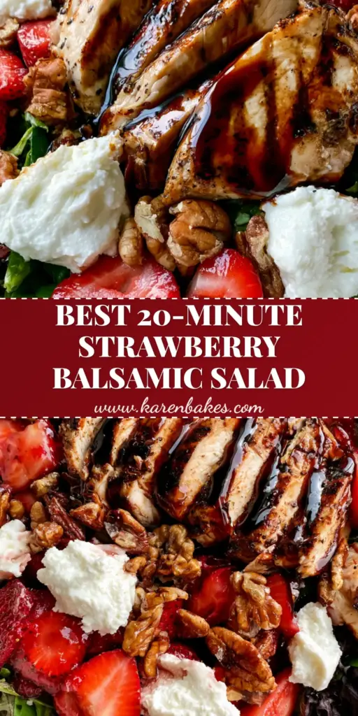 A top-down view of a vibrant strawberry balsamic chicken salad in a white bowl, showing seared glazed chicken, red strawberries, and white goat cheese.